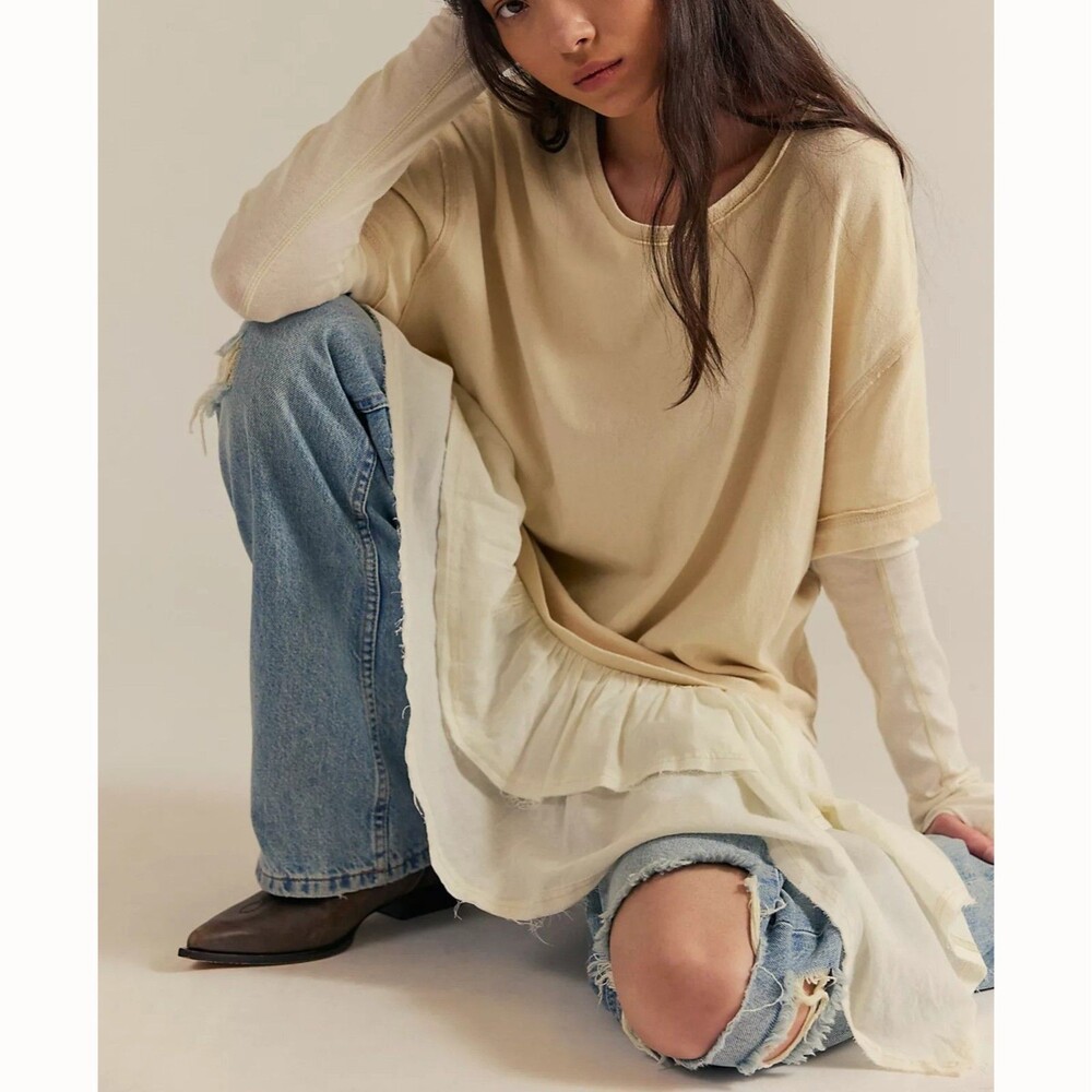 Free People We The Free Tattered Love Tee Tunic Top Oversized Cotton XS 291055